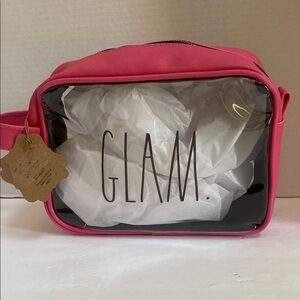 NWT Rae Dunn large clear with Pink "GLAM" cosmetics toiletries travel bag.
